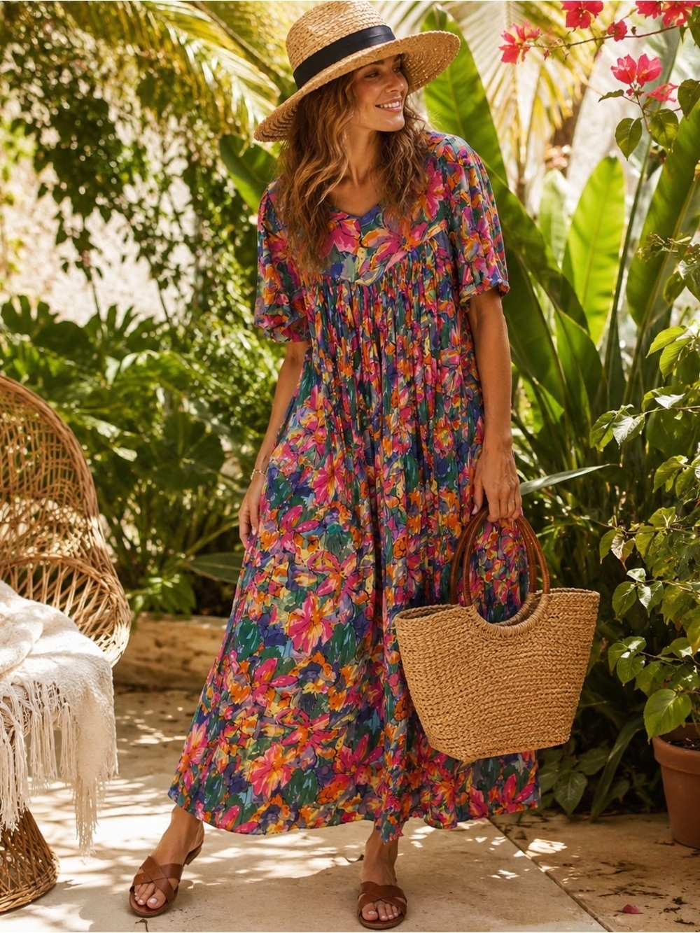Sita Nepal 100% Cotton Floral Maxi Dress M Boho Cottagecore Tropical Vacation